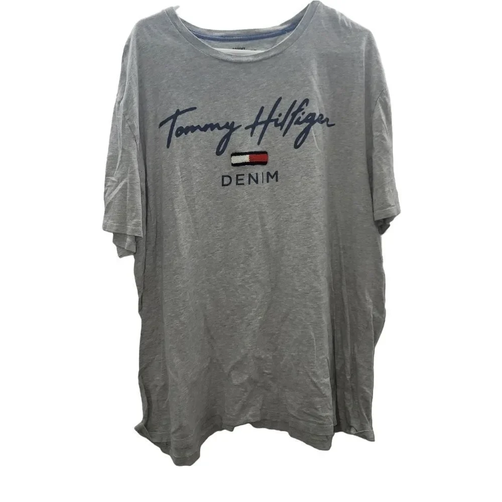 TOMMY HILFIGER‎ 90s Vintage Denim Grey Logo Tshirt Size XXL